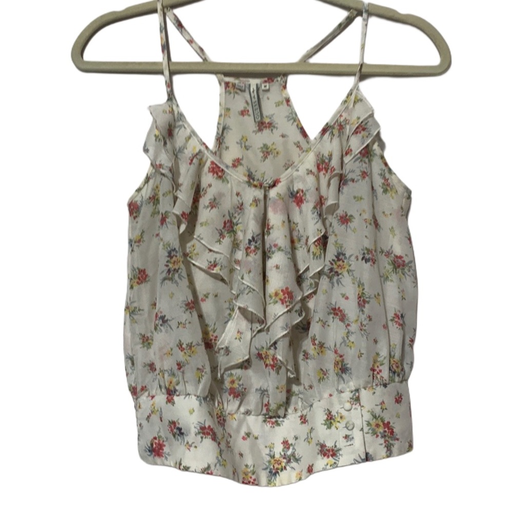 Guess Floral Ruffle Tank Top - Cream Multi